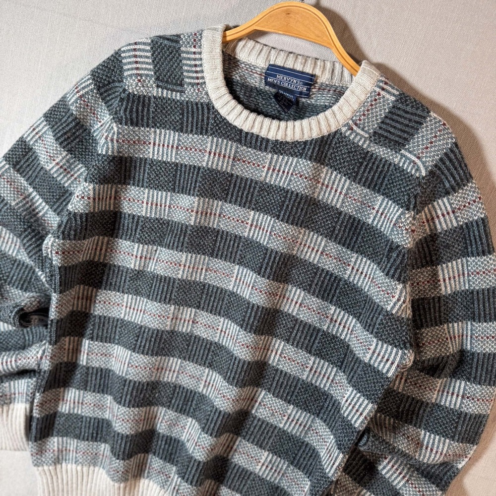 Vintage 90s Mervyns Mens Collection Sweater Grey White‎ Striped Pattern Medium